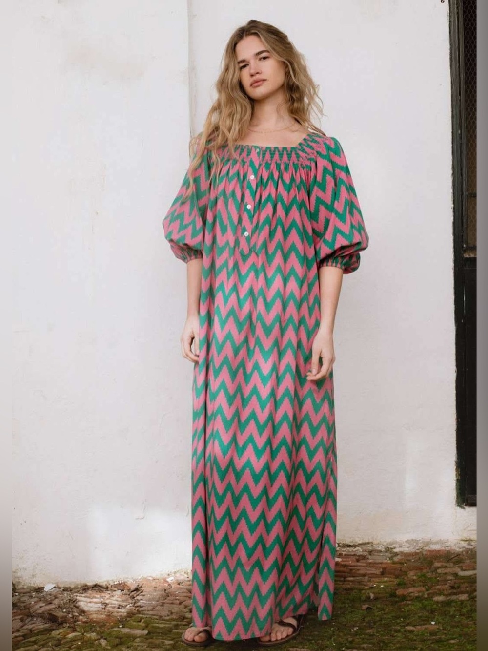 [NWT] $190 SONMER Simona Zig Zag Printed Maxi Dress in pink and green. Small